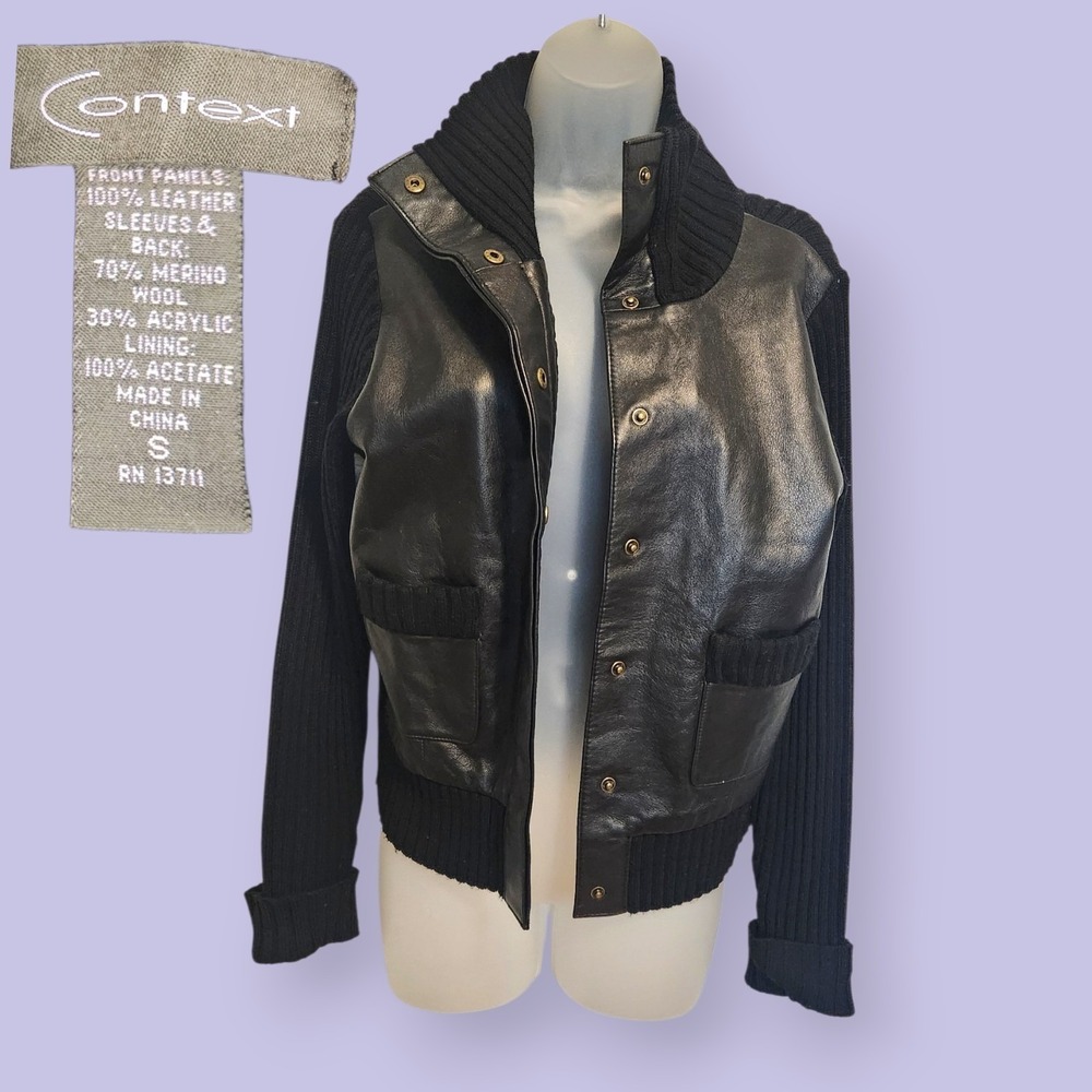 VINTAGE Y2K Context BCBGMAXAZRIA Black Leather & Merino Wool Knit Sweater Jacket